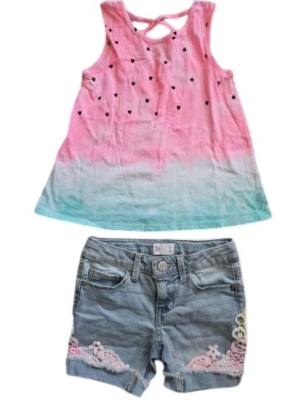 JUMPING BEANS Pink Heart Print Tank SO Crochet Trim Denim Jeans Shorts Girls 5